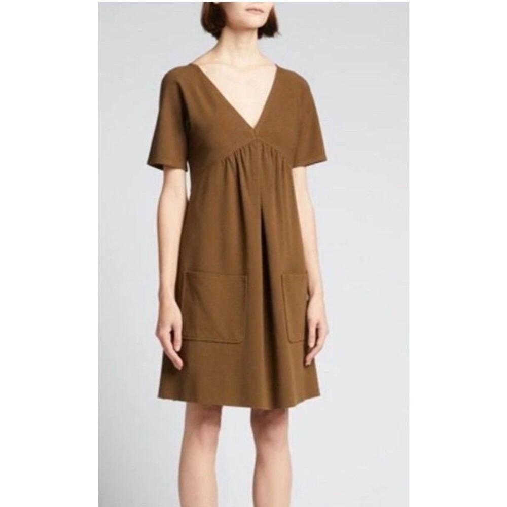Rebecca Taylor Women Shift Dark Olive Green V-Neck Short Sleeve Zip L Pockets